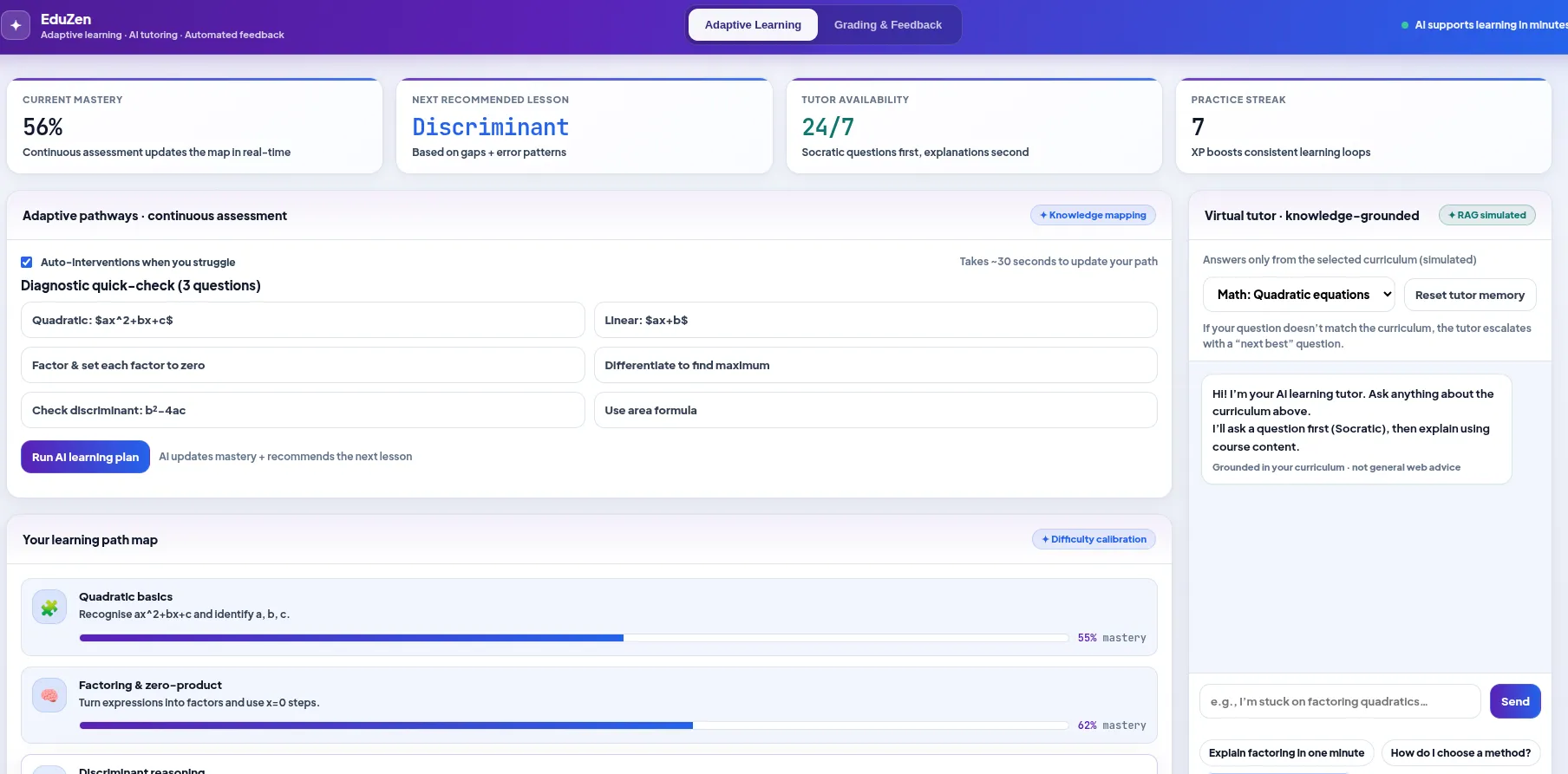 Adaptive learning or AI tutoring interface for education