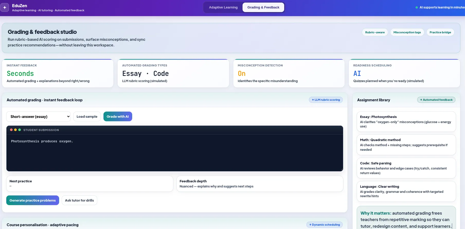 Education chatbot or AI grading and feedback interface