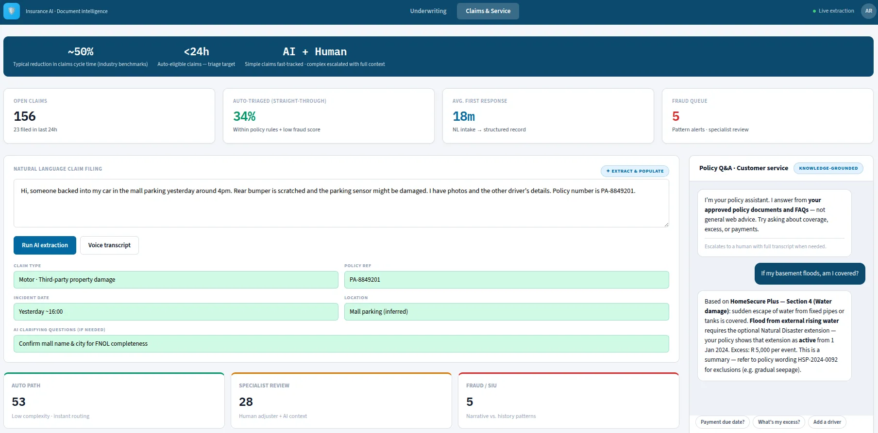 Insurance claims or customer service interface