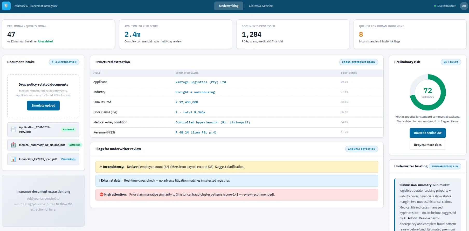 Insurance document extraction interface for underwriting