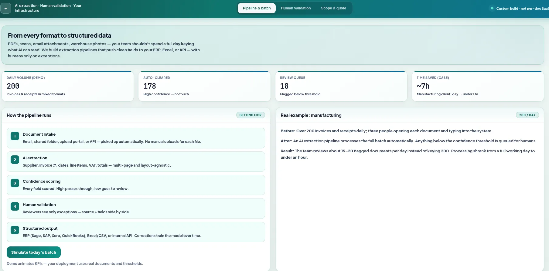 AI invoice extraction dashboard with document intake and structured fields